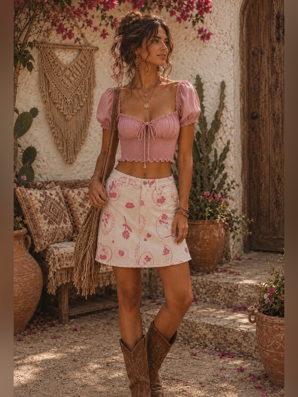 Cream Pink Cherry Floral Denim Mini Skirt Size Small Coquette Cottagecore